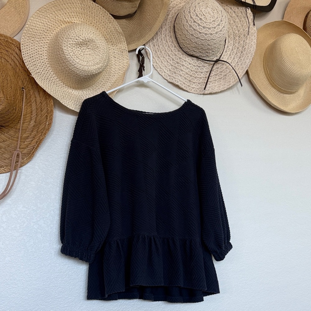 Anthropologie Maeve Mikayla Peplum 3/4 Sleeves Textured Navy Top, Small, GUC